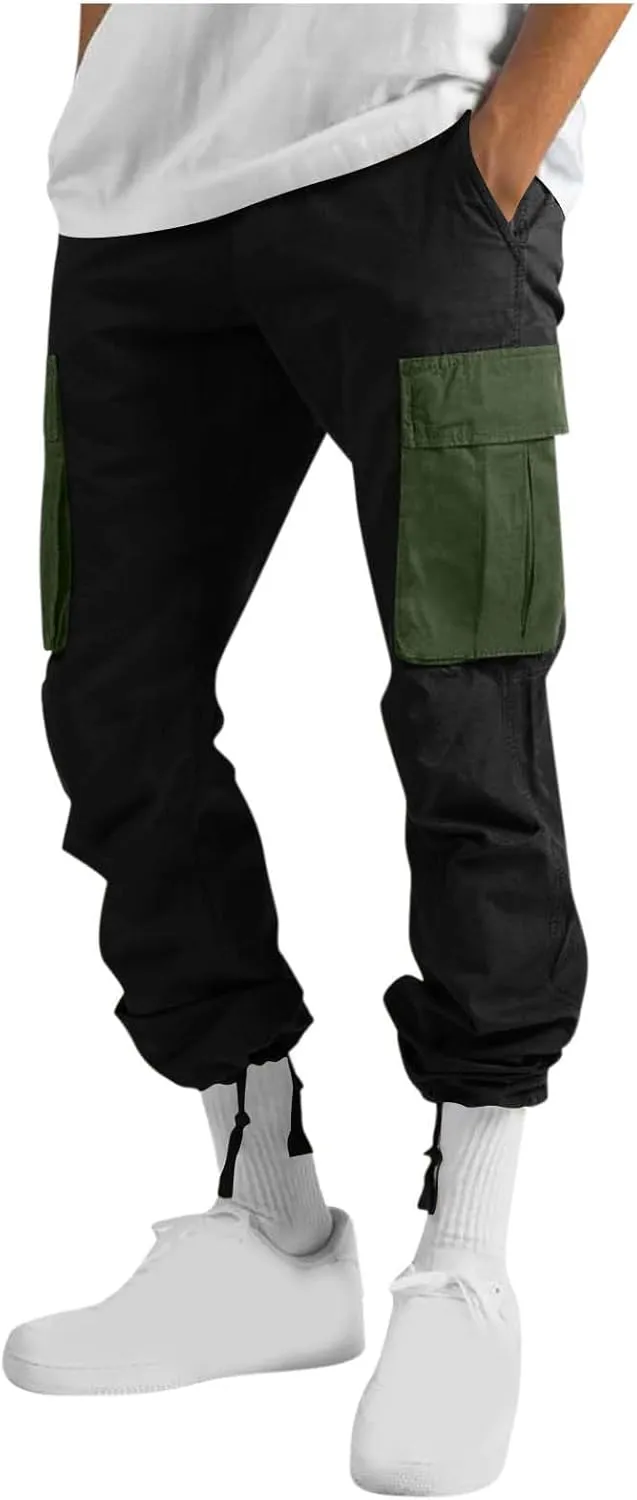 Mens Cargo Pants Elastic Waist Drawstring Joggers Cotton Athletic Pants Casual Hiking Pants Lightweight Sweatpants