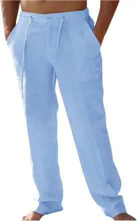 Mens Casual Elastic Waist Drawstring Lightweight Linen Summer Beach Yoga Trousers Pants