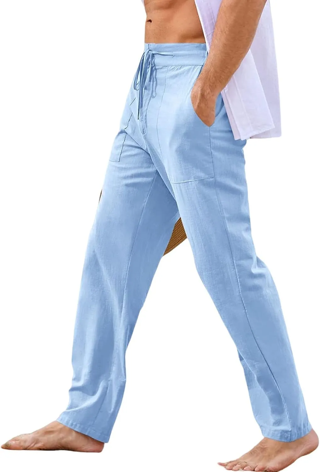 Mens Casual Elastic Waist Drawstring Lightweight Linen Summer Beach Yoga Trousers Pants