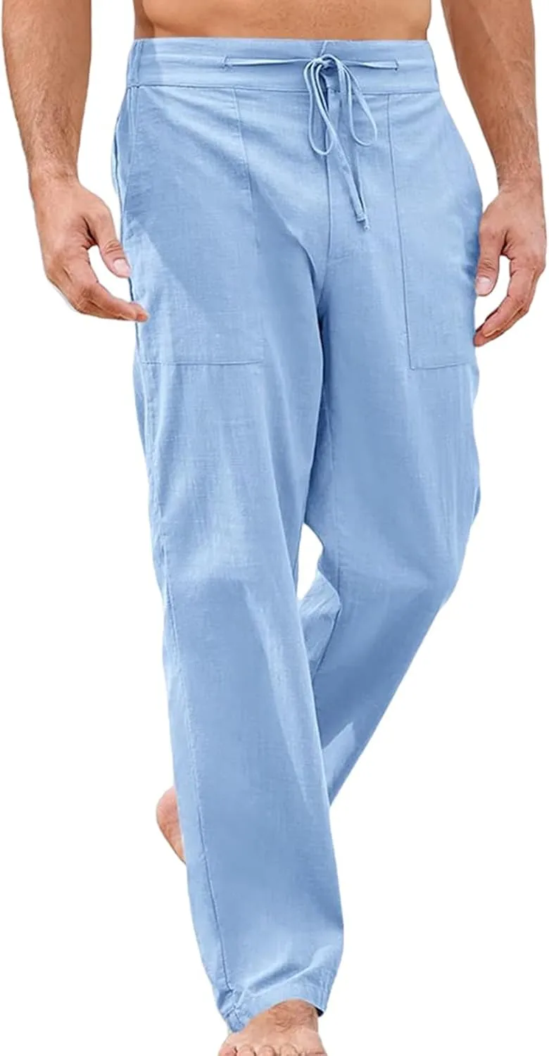 Mens Casual Elastic Waist Drawstring Lightweight Linen Summer Beach Yoga Trousers Pants
