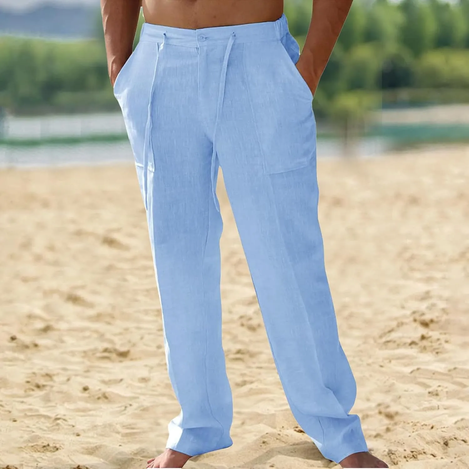 Mens Casual Elastic Waist Drawstring Lightweight Linen Summer Beach Yoga Trousers Pants
