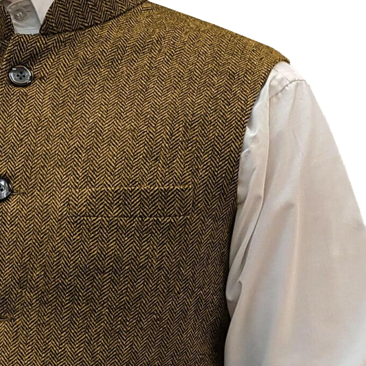 Mens Herringbone Wool Vests Slim Fit High Collar Waistcoats Tweed Wool Regular Fit Dress Vest