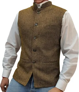 Mens Herringbone Wool Vests Slim Fit High Collar Waistcoats Tweed Wool Regular Fit Dress Vest