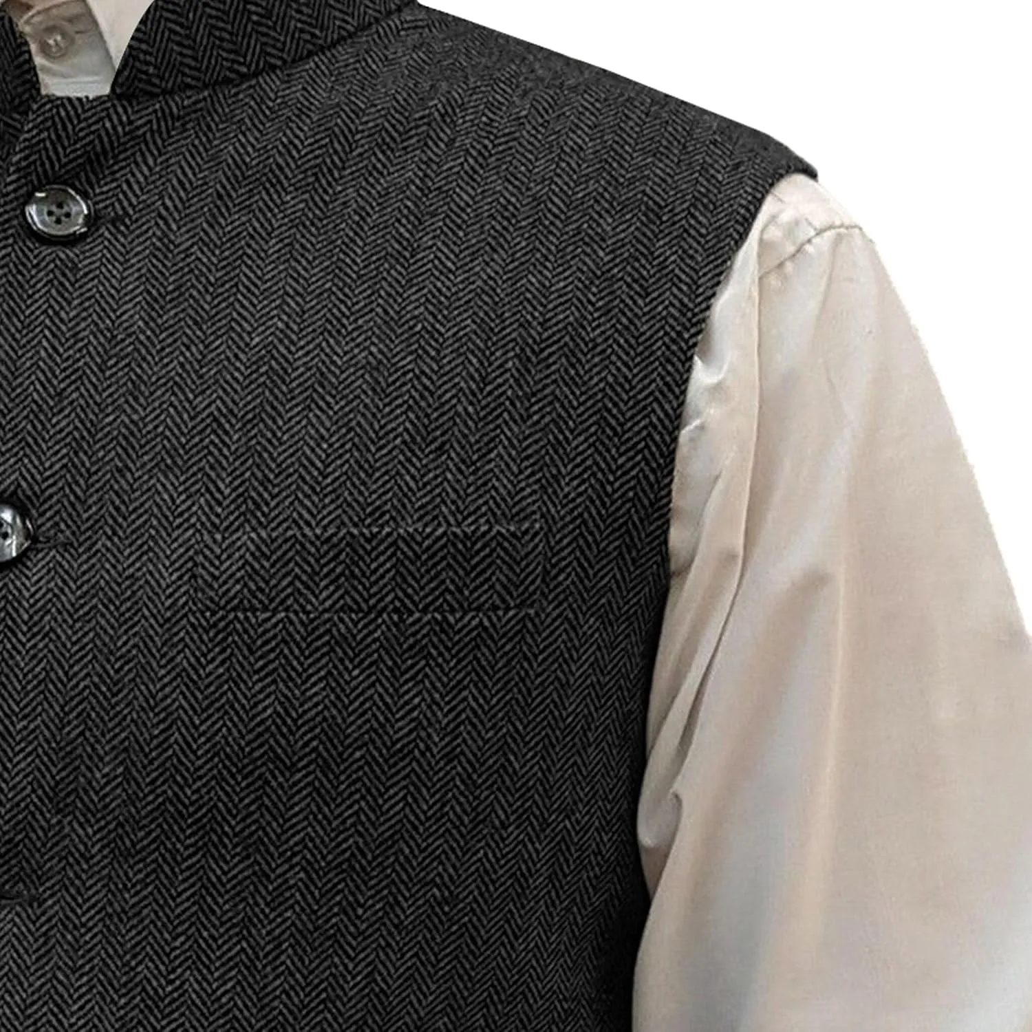 Mens Herringbone Wool Vests Slim Fit High Collar Waistcoats Tweed Wool Regular Fit Dress Vest