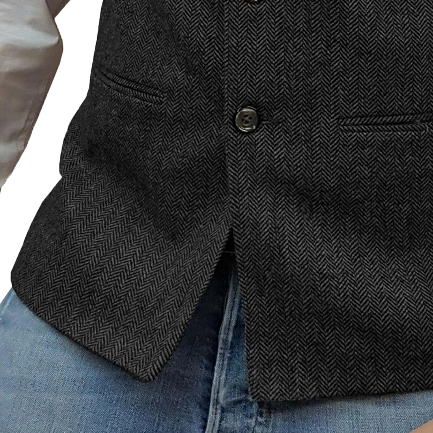 Mens Herringbone Wool Vests Slim Fit High Collar Waistcoats Tweed Wool Regular Fit Dress Vest
