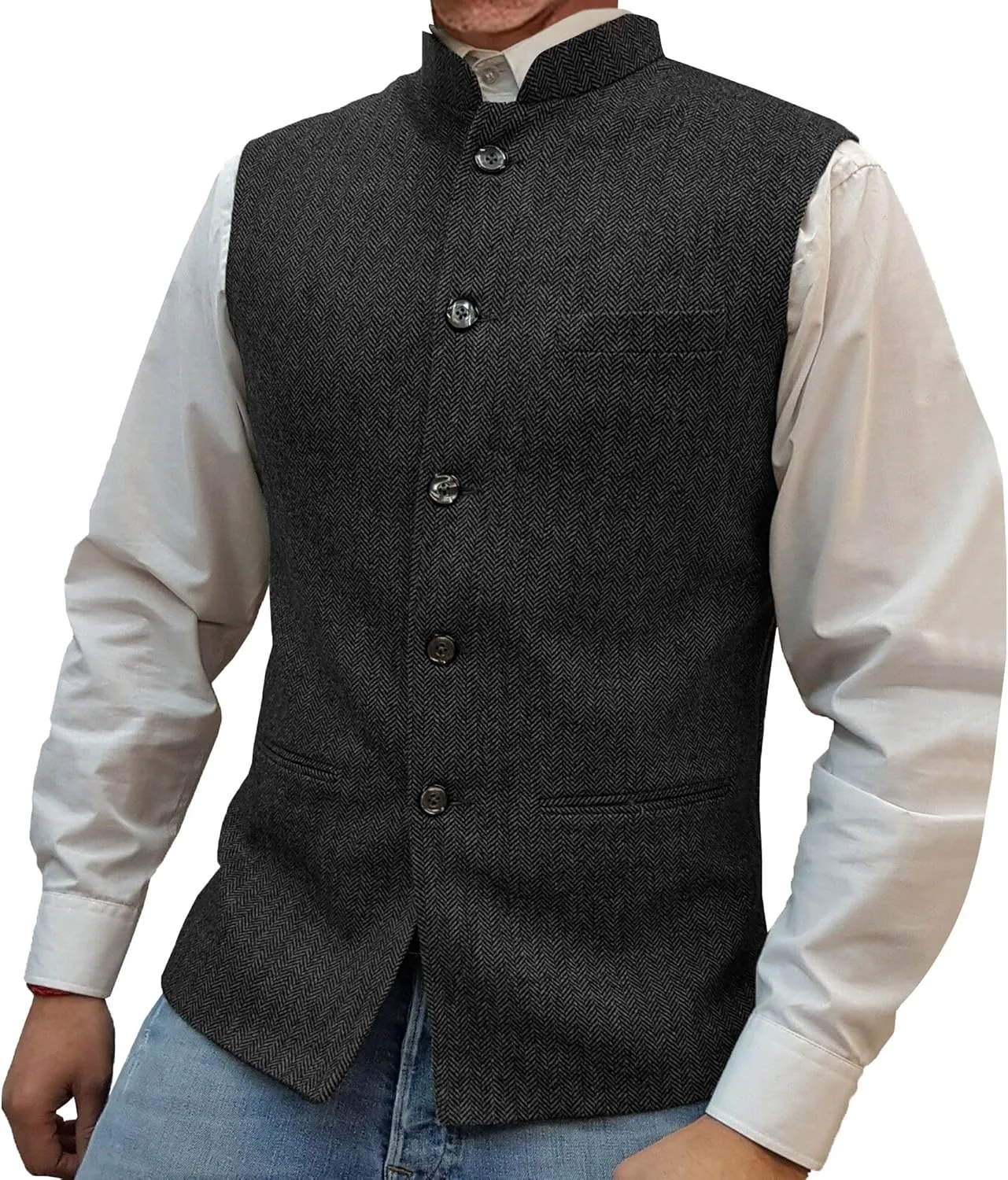 Mens Herringbone Wool Vests Slim Fit High Collar Waistcoats Tweed Wool Regular Fit Dress Vest