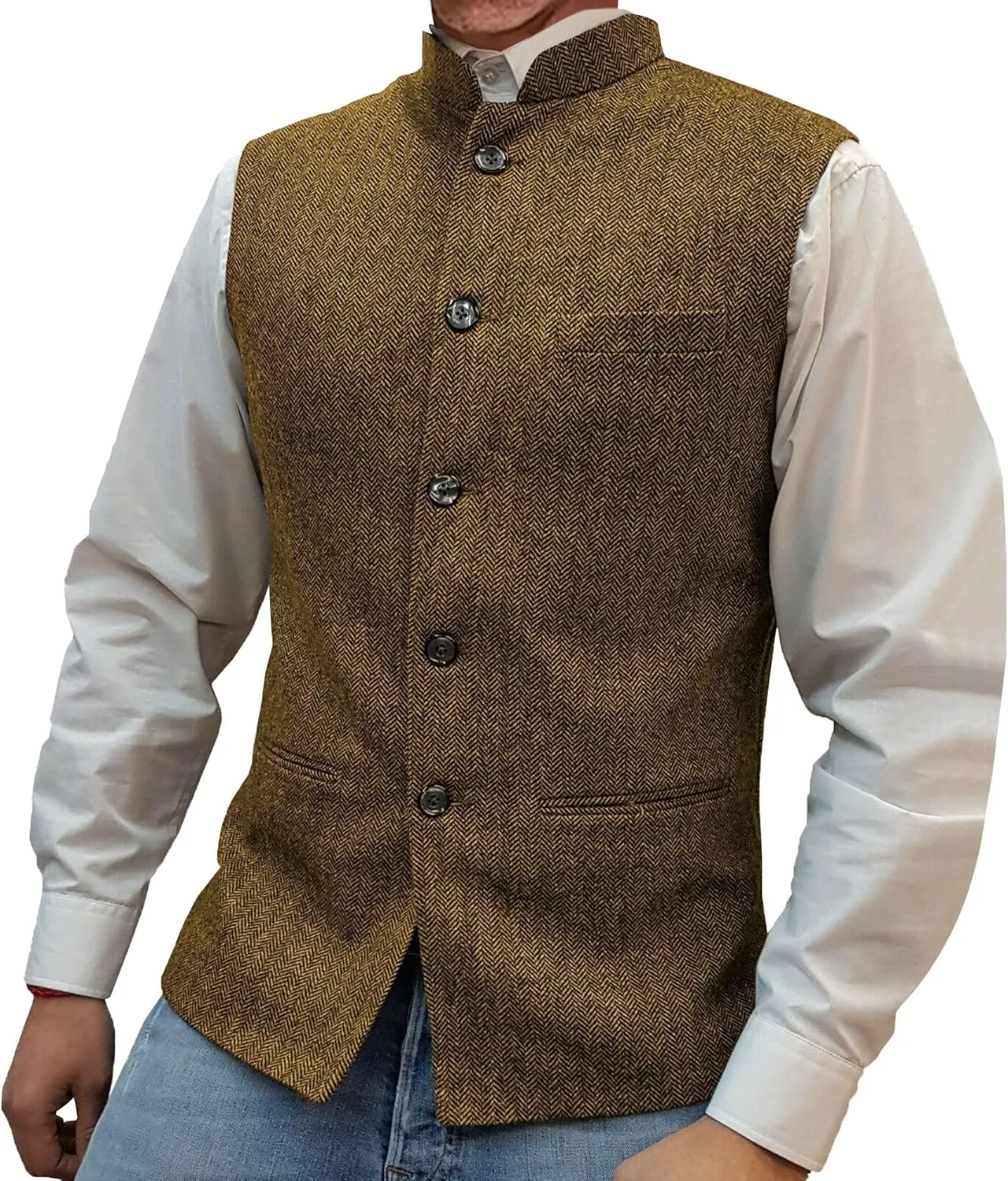 Mens Herringbone Wool Vests Slim Fit High Collar Waistcoats Tweed Wool Regular Fit Dress Vest
