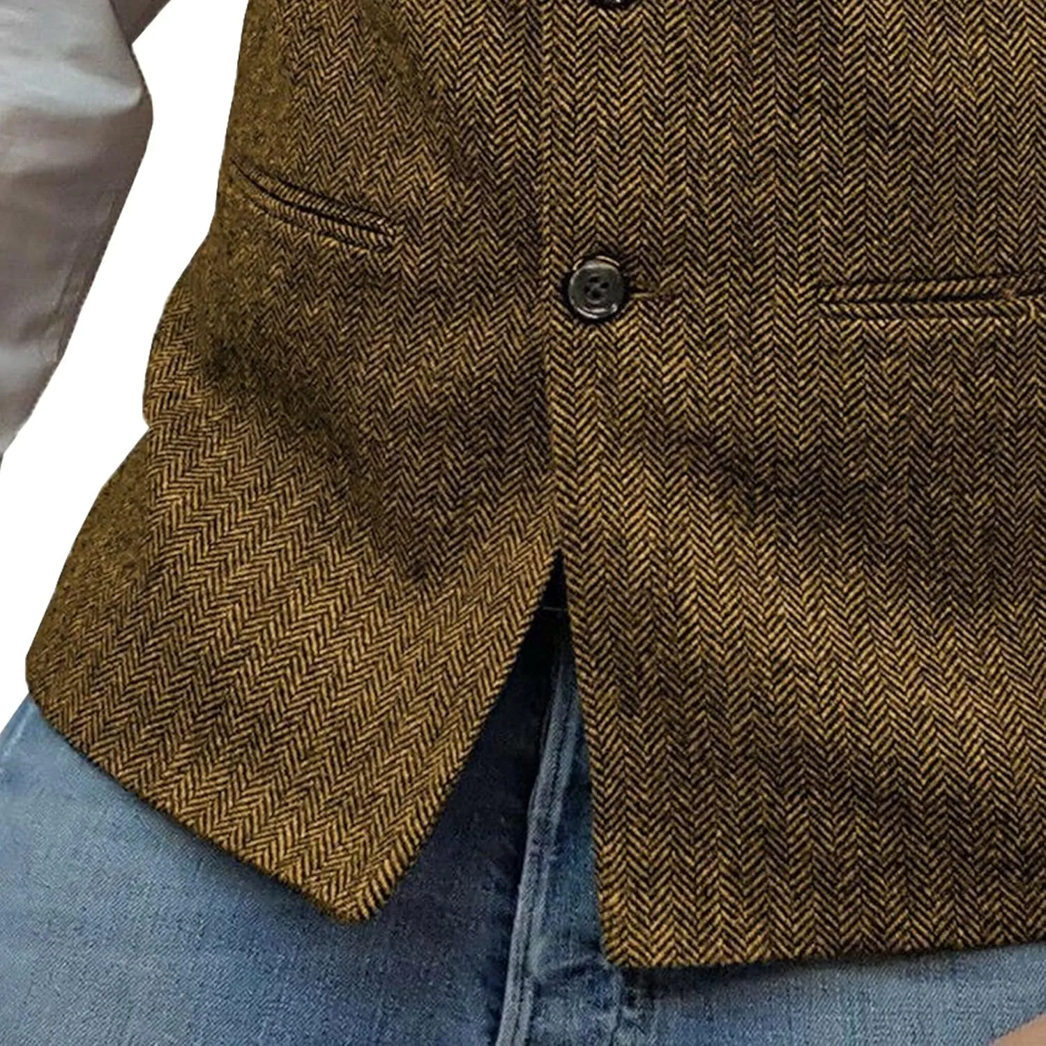 Mens Herringbone Wool Vests Slim Fit High Collar Waistcoats Tweed Wool Regular Fit Dress Vest