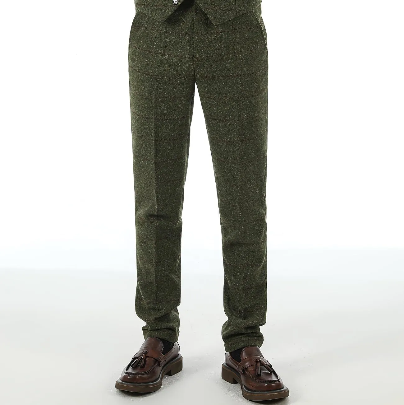 Men's Plaid Tweed Herringbone Suit Pants Casual Wool Vintage Dress Trousers