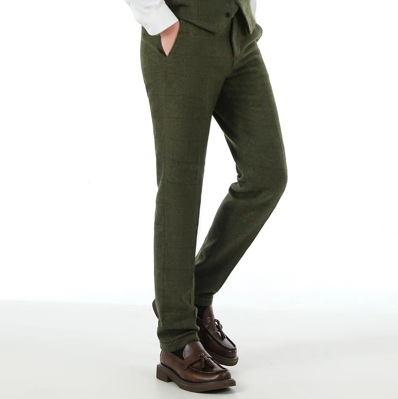 Men's Plaid Tweed Herringbone Suit Pants Casual Wool Vintage Dress Trousers