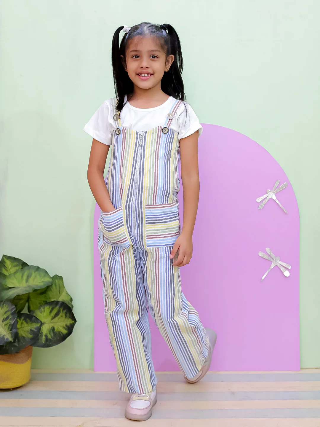 Multi Color Striped Girls Dungaree With White Top