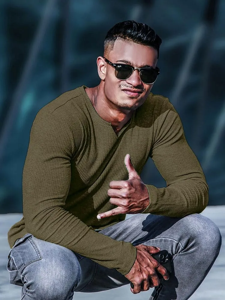 Muscle Cmdr Men's Henley Long&Short Sleeve T-Shirt Slim Fit V Neck Shirts Stretch Tee Casual Underwear Athletic Medium Weight