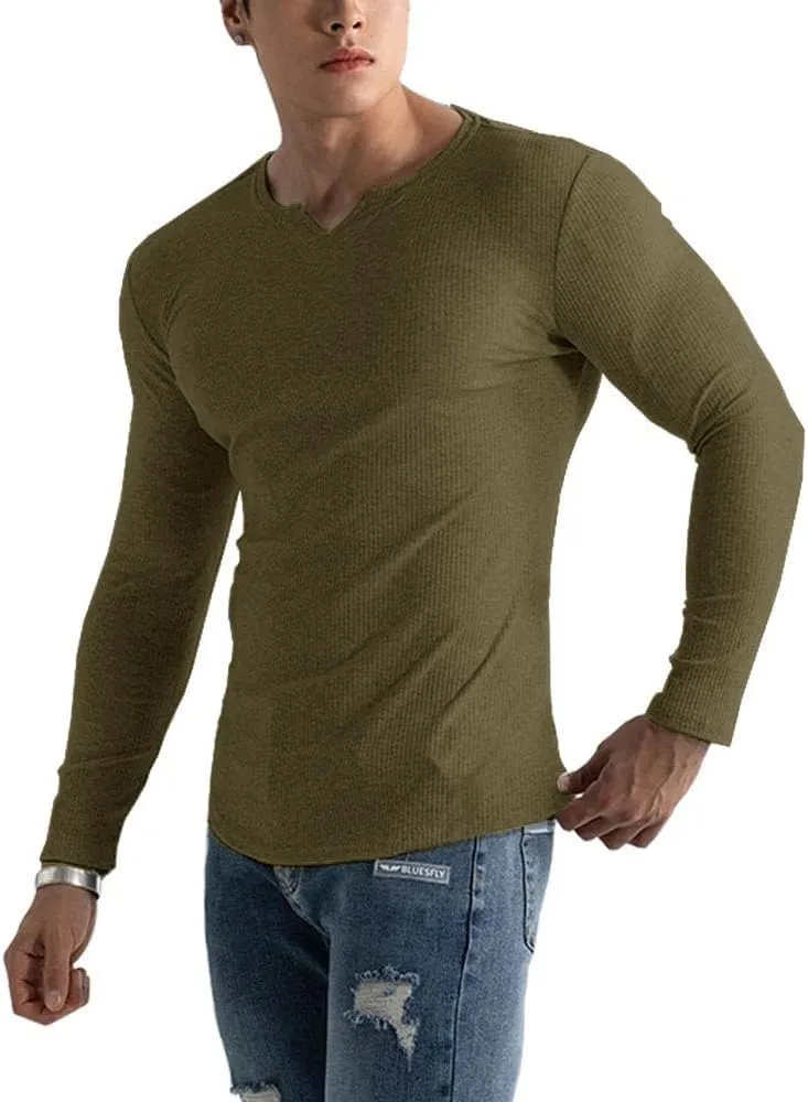Muscle Cmdr Men's Henley Long&Short Sleeve T-Shirt Slim Fit V Neck Shirts Stretch Tee Casual Underwear Athletic Medium Weight