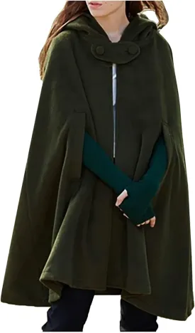 NATHGAM Women's Wool Blend Hooded Capes Baggy Fall Winter Windproof Cloaks Plus Size Cute Thicken Warm Maxi Cardigan Coats
