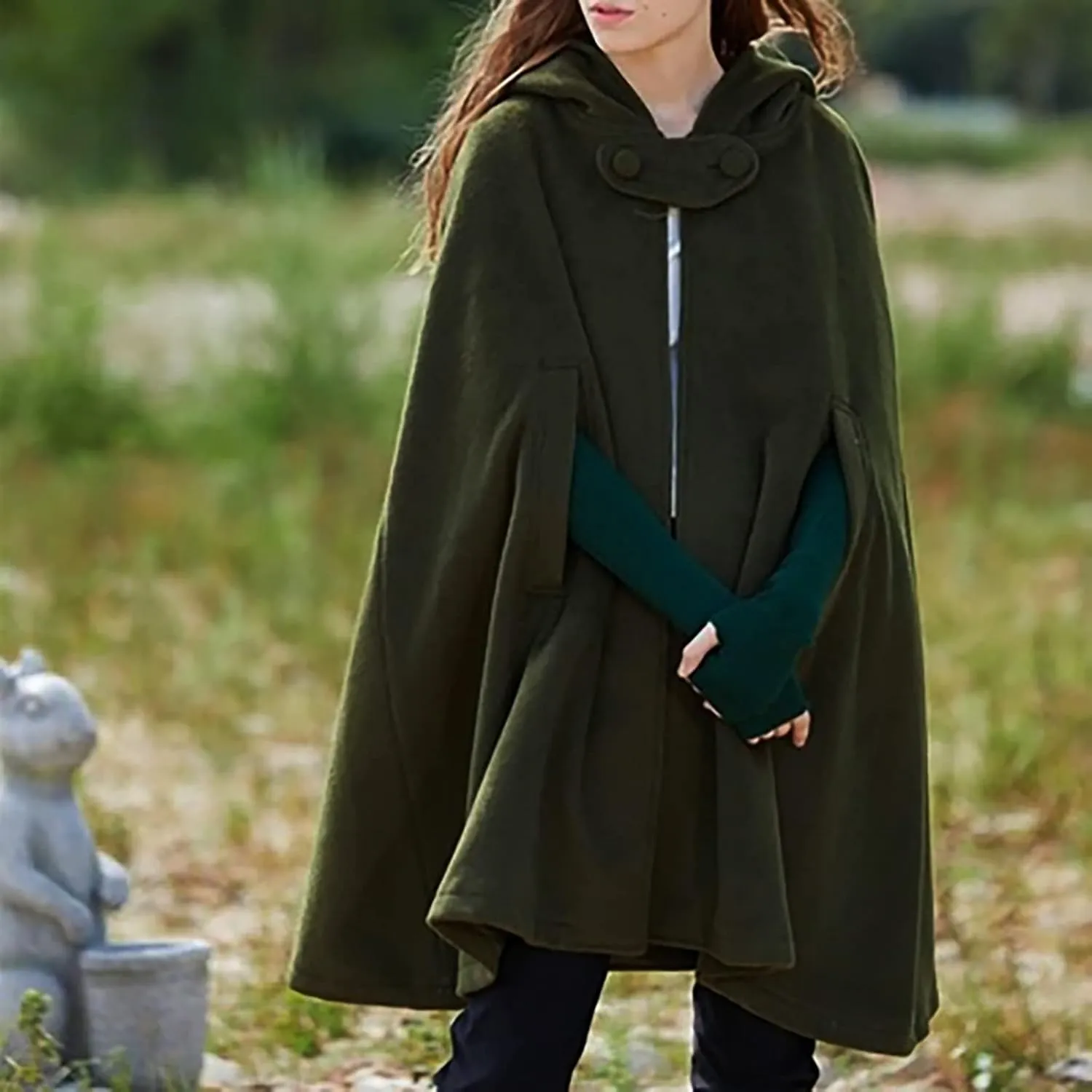 NATHGAM Women's Wool Blend Hooded Capes Baggy Fall Winter Windproof Cloaks Plus Size Cute Thicken Warm Maxi Cardigan Coats