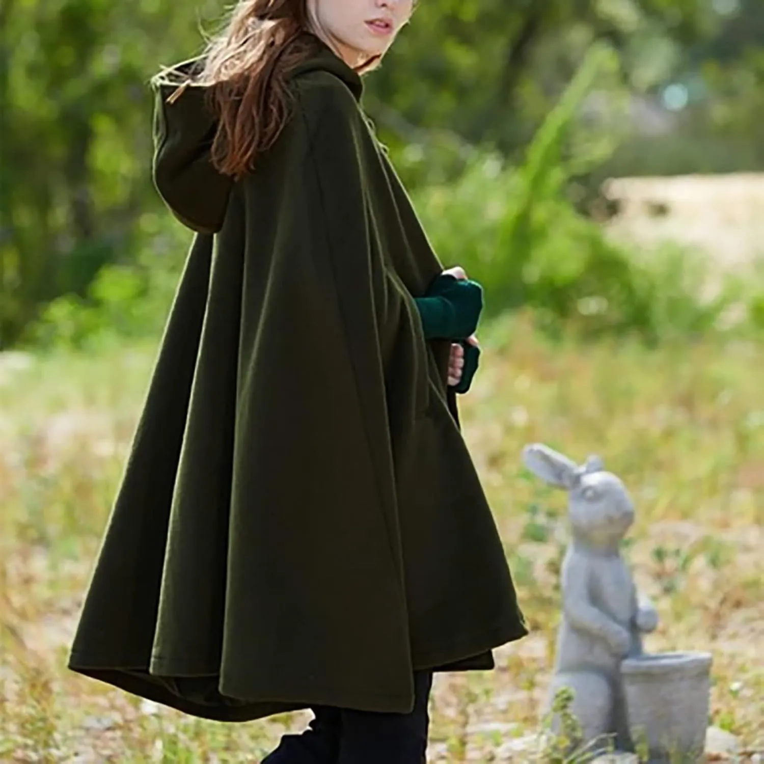 NATHGAM Women's Wool Blend Hooded Capes Baggy Fall Winter Windproof Cloaks Plus Size Cute Thicken Warm Maxi Cardigan Coats