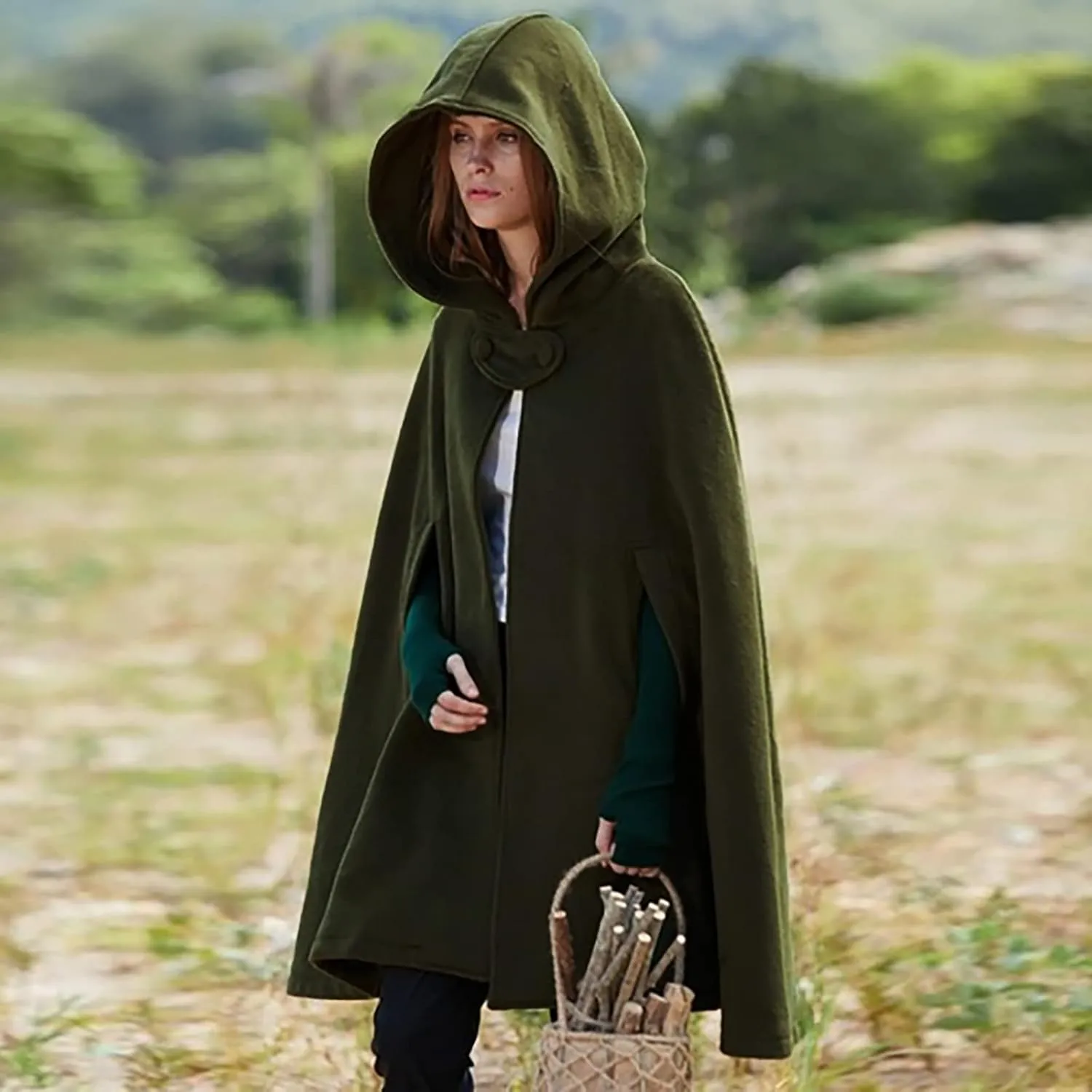NATHGAM Women's Wool Blend Hooded Capes Baggy Fall Winter Windproof Cloaks Plus Size Cute Thicken Warm Maxi Cardigan Coats