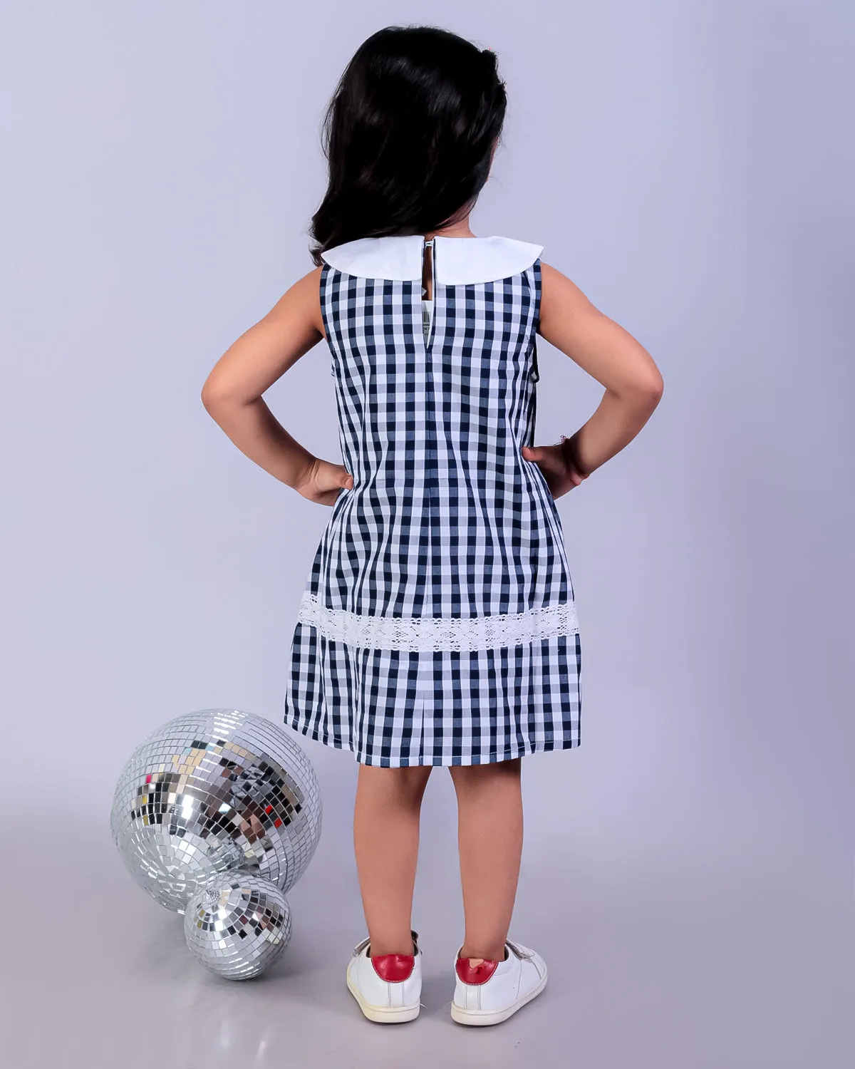 Navy Blue Checkered Girls Casual Dress