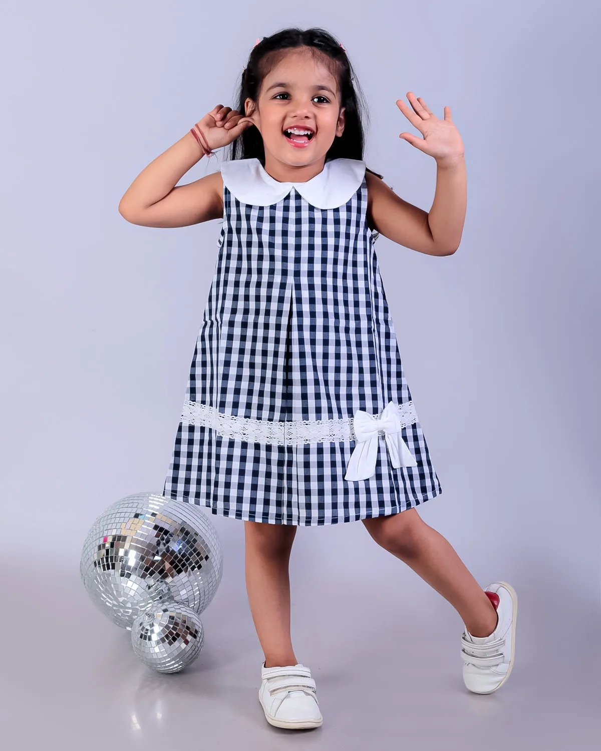 Navy Blue Checkered Girls Casual Dress