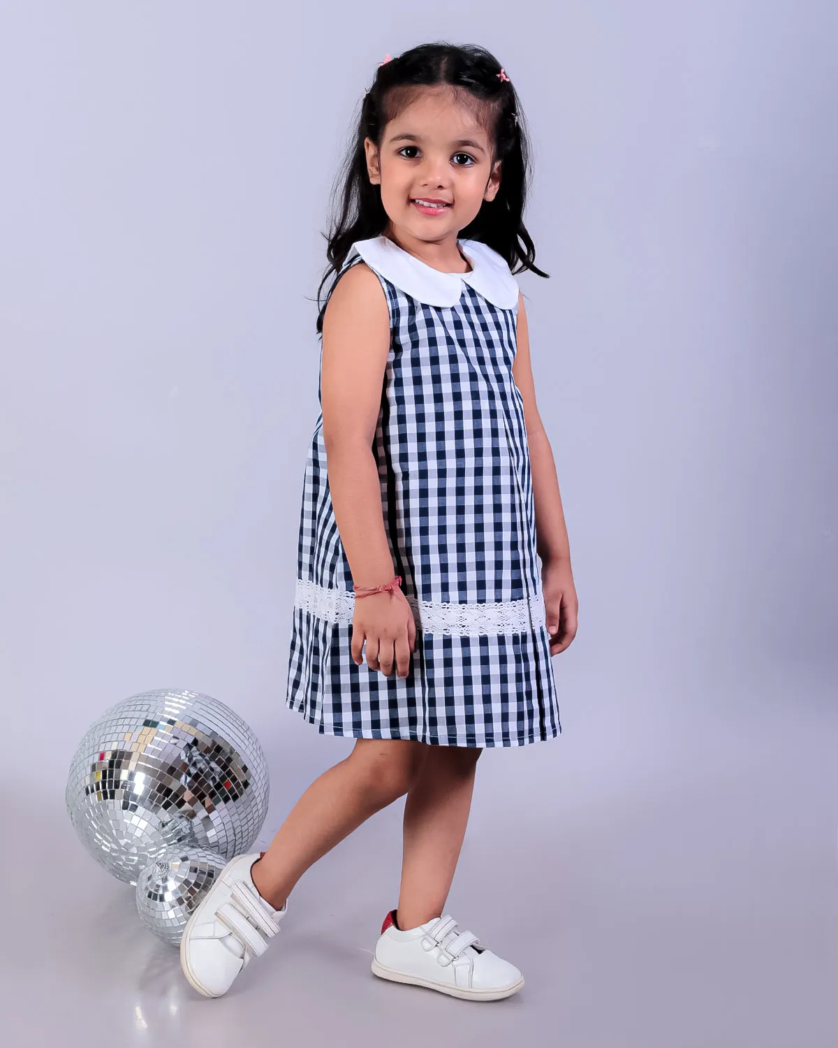 Navy Blue Checkered Girls Casual Dress