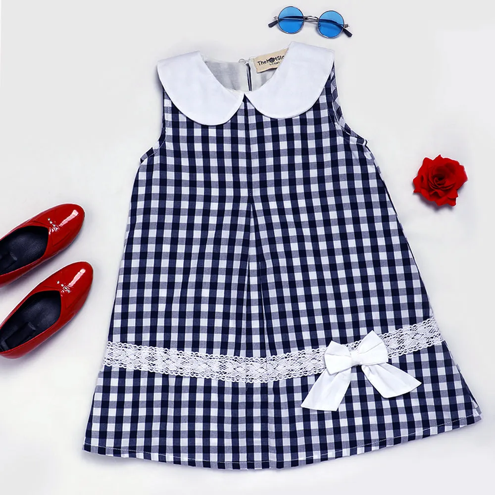 Navy Blue Checkered Girls Casual Dress