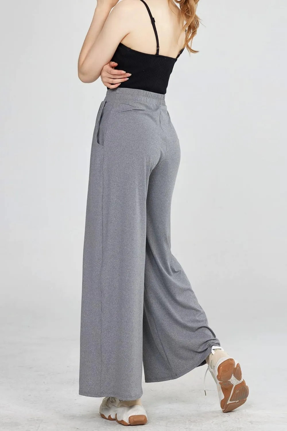 noflik Women's Comfy High Waisted Knit Wide Leg Yoga Pants Business Casual Elastic Waist Loose Trendy Trousers with Pockets