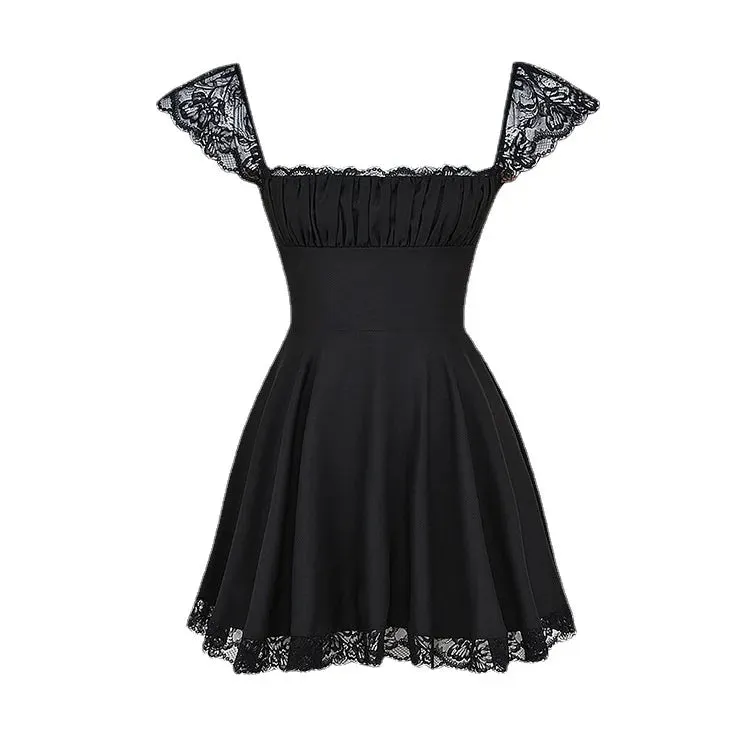 Pmystyle - Summer Lace Patchwork Square Neck Mini Casual A Line Holiday Birthday Black Lace Up Women's Clothing Dress