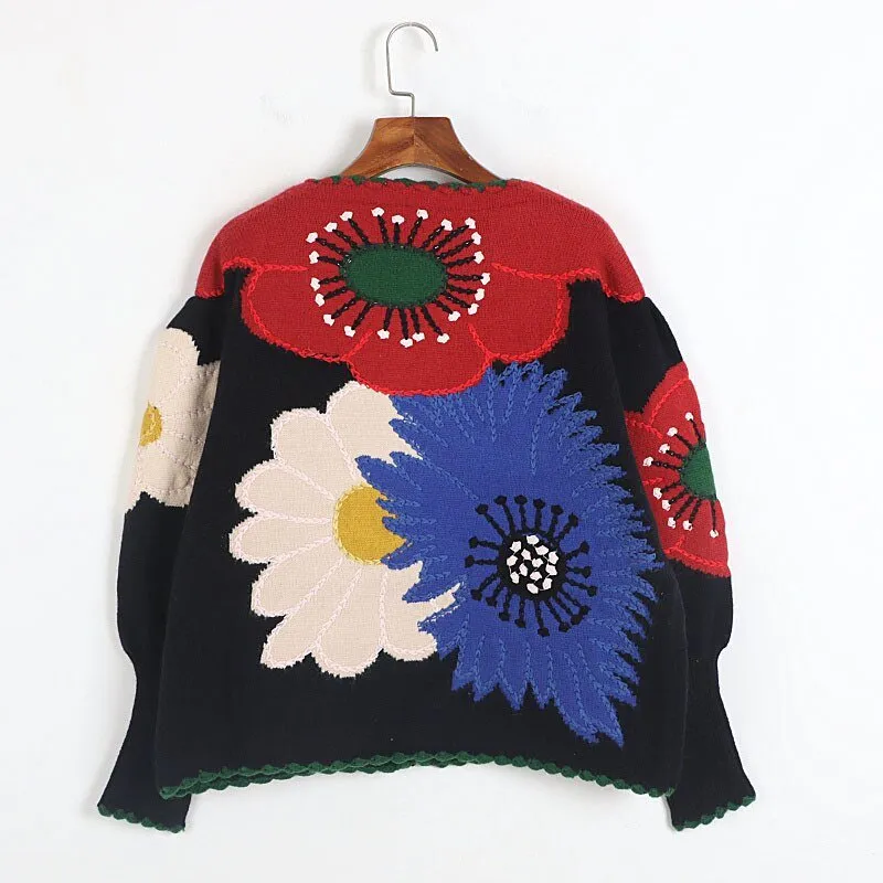Pre Order:  Flower Buttons Embroidery Knit Cardigan