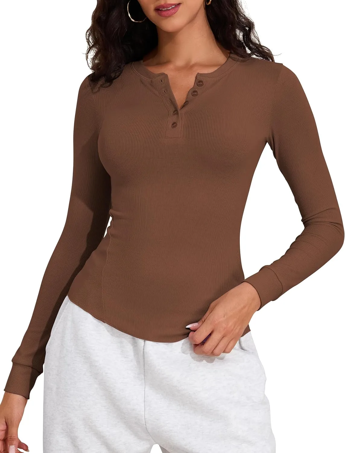 PrettyGuide Women's Long Sleeve Henley Shirt Fitted Ribbed Knit Stretchy Casual T Shirts Layering Basic Tops