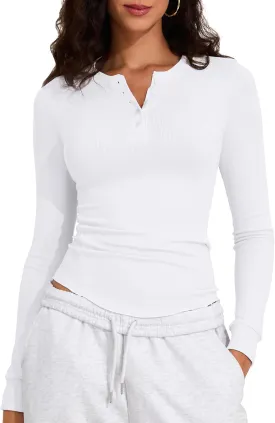 PrettyGuide Women's Long Sleeve Henley Shirt Fitted Ribbed Knit Stretchy Casual T Shirts Layering Basic Tops