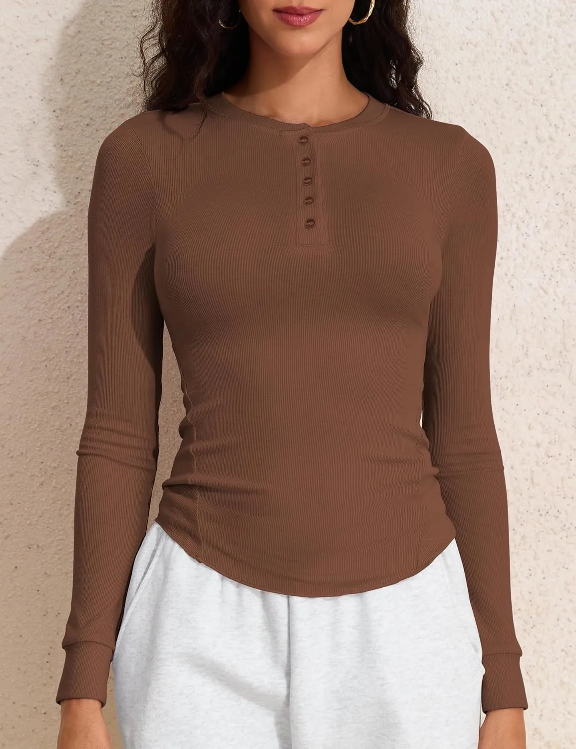 PrettyGuide Women's Long Sleeve Henley Shirt Fitted Ribbed Knit Stretchy Casual T Shirts Layering Basic Tops