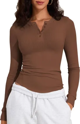 PrettyGuide Women's Long Sleeve Henley Shirt Fitted Ribbed Knit Stretchy Casual T Shirts Layering Basic Tops