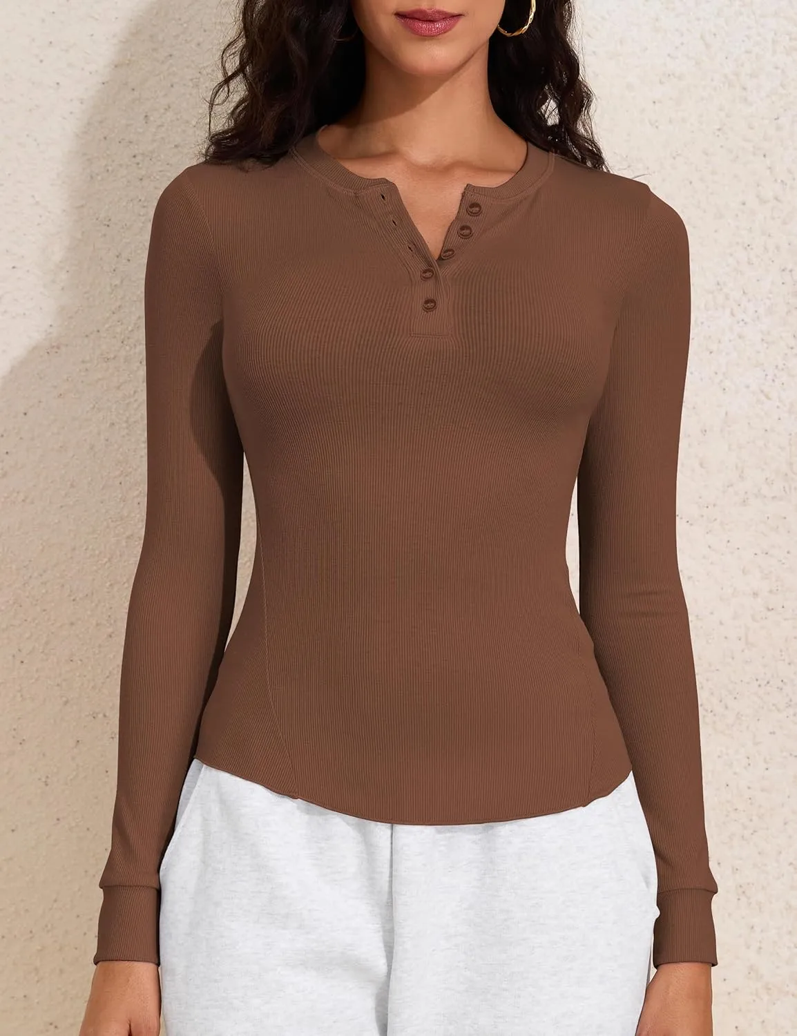 PrettyGuide Women's Long Sleeve Henley Shirt Fitted Ribbed Knit Stretchy Casual T Shirts Layering Basic Tops