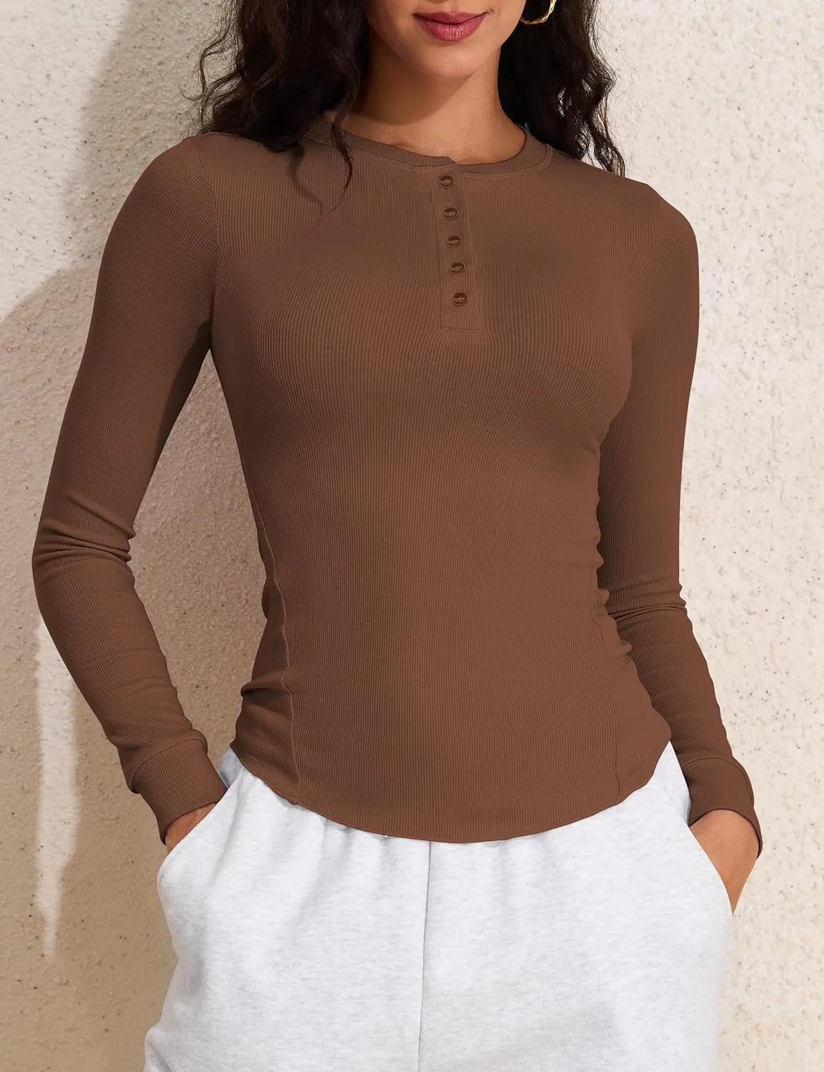 PrettyGuide Women's Long Sleeve Henley Shirt Fitted Ribbed Knit Stretchy Casual T Shirts Layering Basic Tops