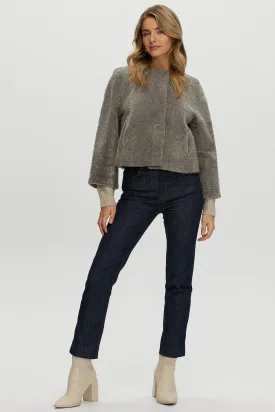Reversible Collarless New Zealand Shearling Lamb Jacket with 3/4 Sleeves
