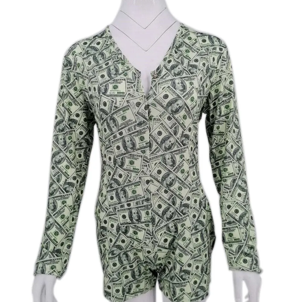 Sexy Women Onesies Underwear Bodysuit Long Sleeve Button Deep V Neck Bodycon Stretch Leotard Short Romper Pajamas Overalls
