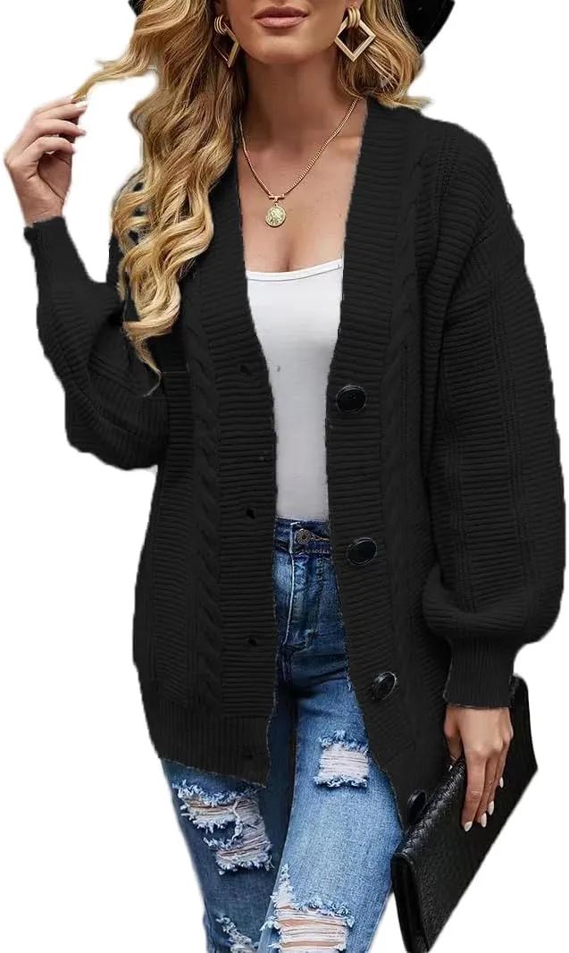 Sunfaynis Women's Oversized Cable Knit Sweaters Long Sleeve Open Front Button Down Chunky Cardigan Sweaters