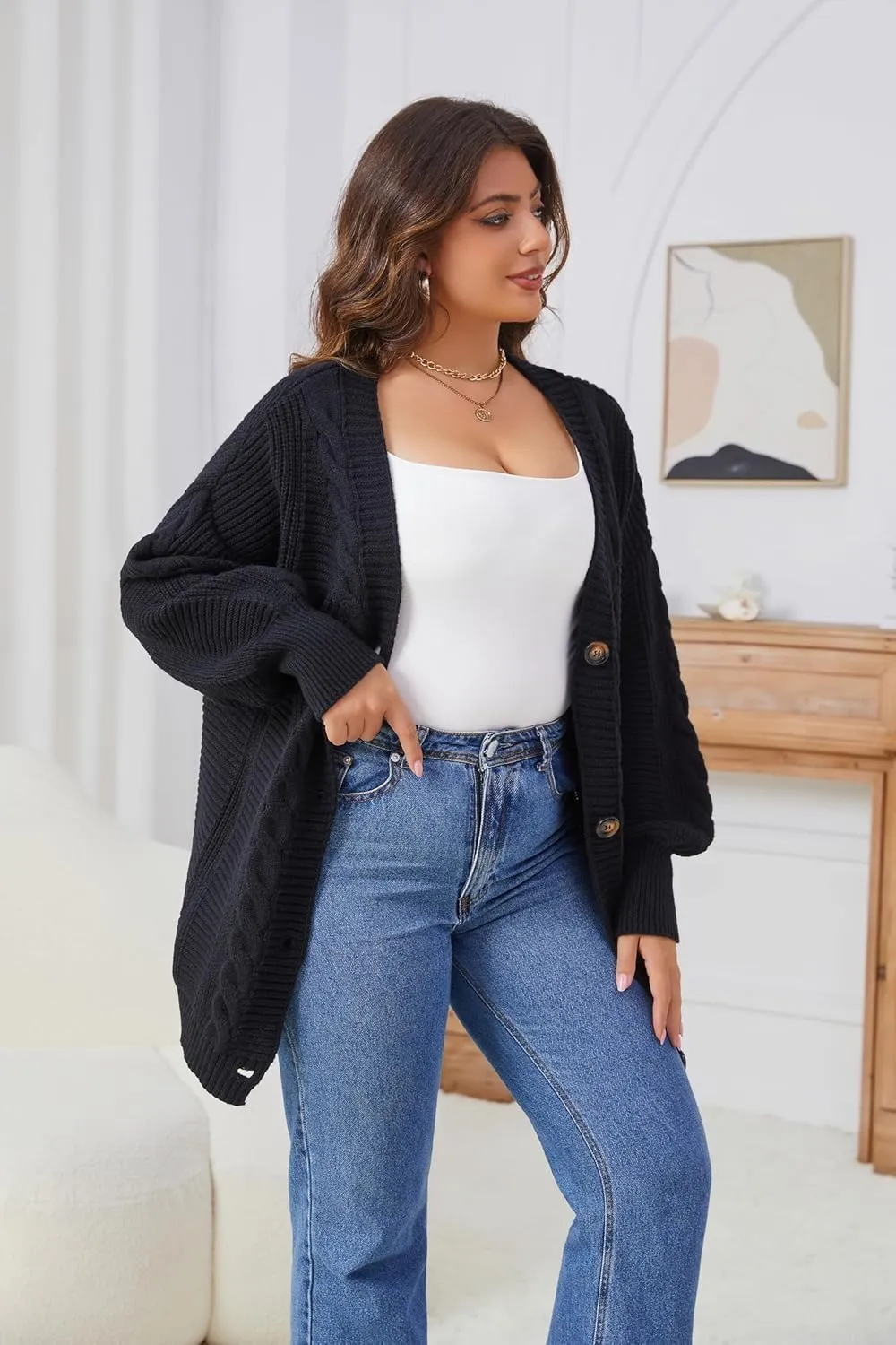 Sunfaynis Women's Oversized Cable Knit Sweaters Long Sleeve Open Front Button Down Chunky Cardigan Sweaters