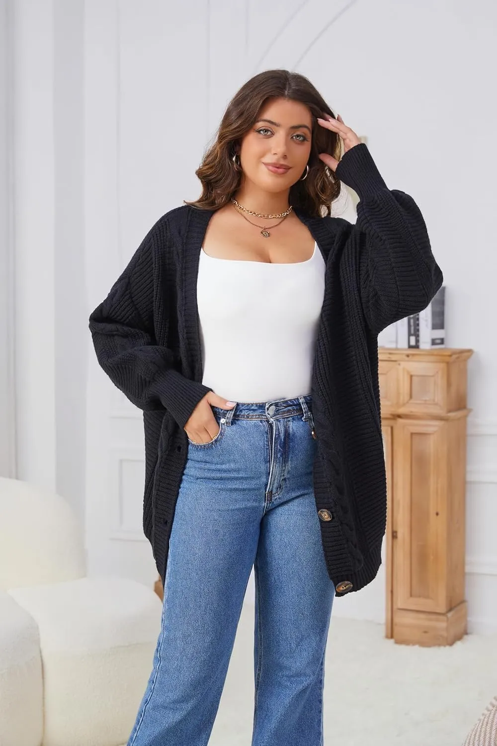 Sunfaynis Women's Oversized Cable Knit Sweaters Long Sleeve Open Front Button Down Chunky Cardigan Sweaters