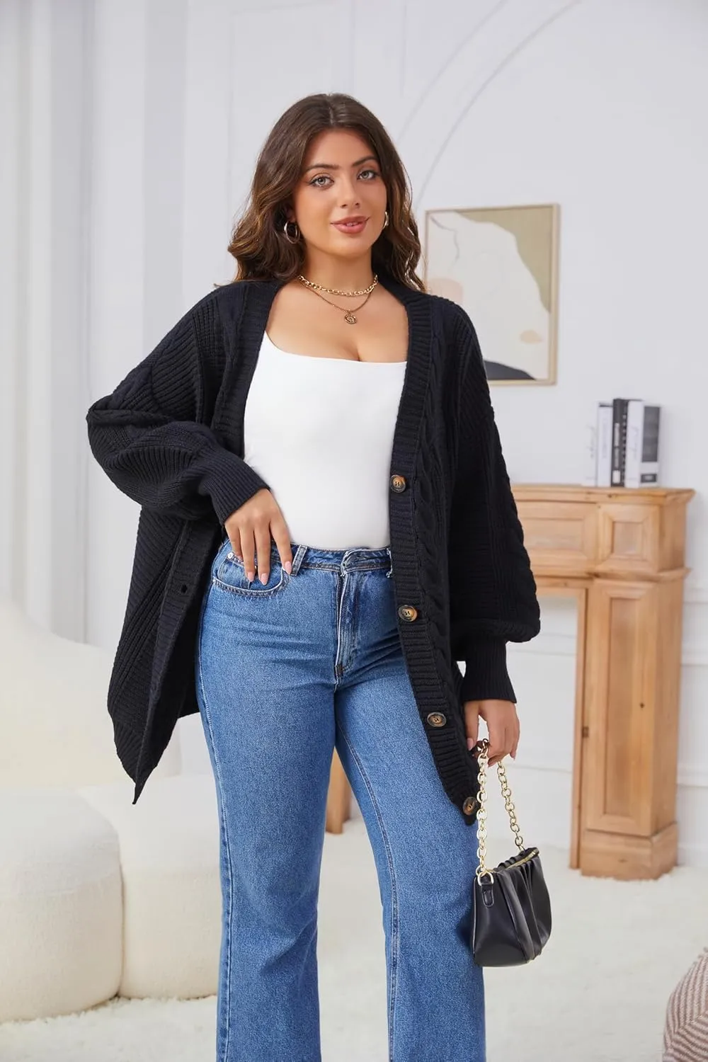 Sunfaynis Women's Oversized Cable Knit Sweaters Long Sleeve Open Front Button Down Chunky Cardigan Sweaters