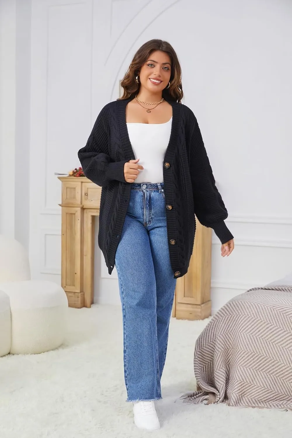 Sunfaynis Women's Oversized Cable Knit Sweaters Long Sleeve Open Front Button Down Chunky Cardigan Sweaters