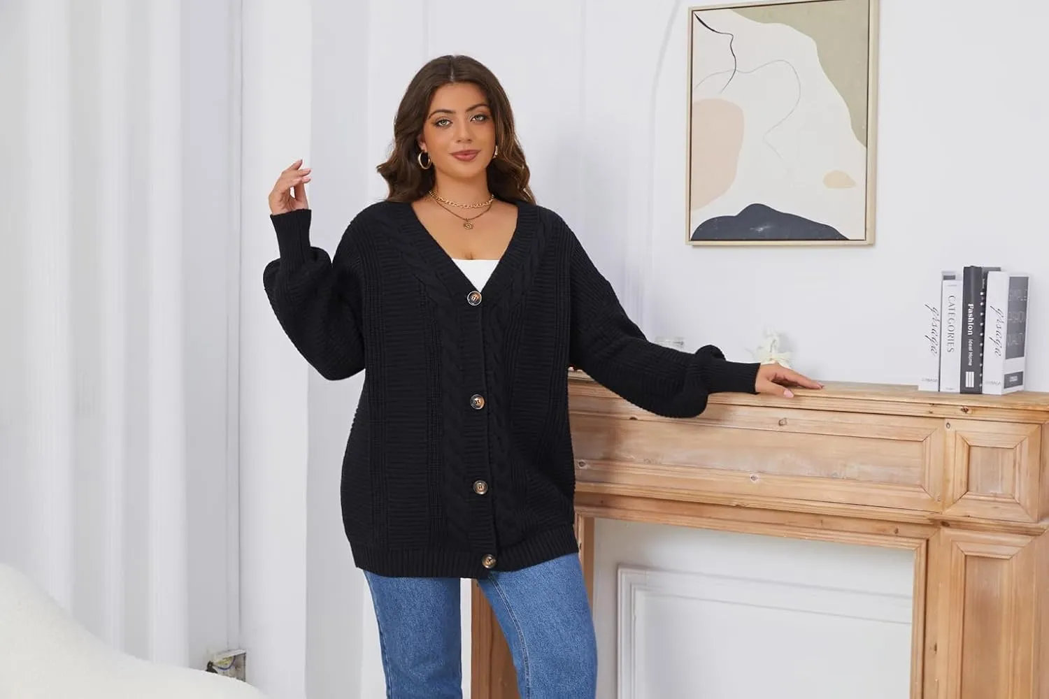 Sunfaynis Women's Oversized Cable Knit Sweaters Long Sleeve Open Front Button Down Chunky Cardigan Sweaters