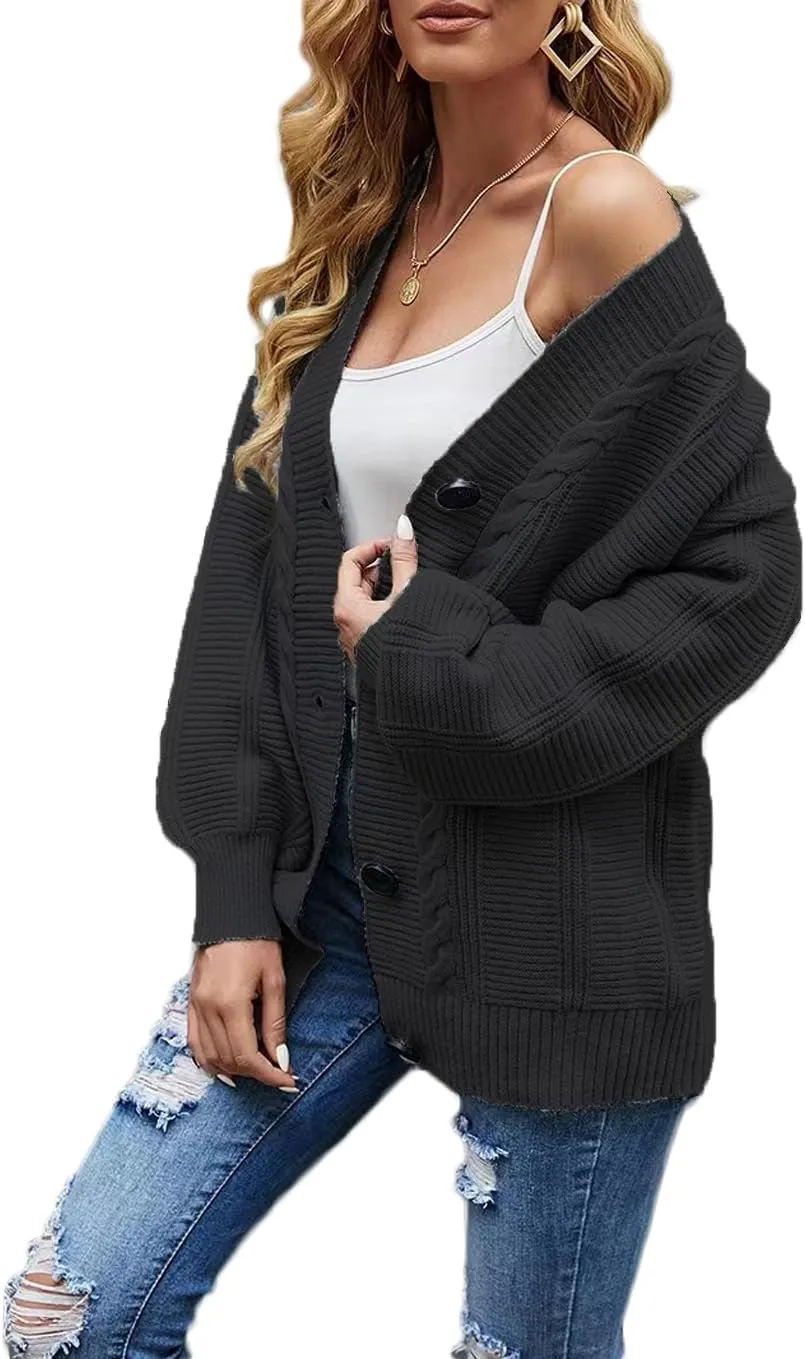 Sunfaynis Women's Oversized Cable Knit Sweaters Long Sleeve Open Front Button Down Chunky Cardigan Sweaters
