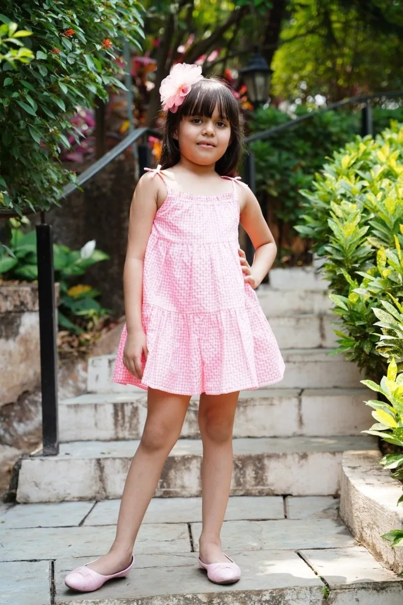 Sweetime by AS Singlet Sleeves Pull Neon Checks Dress - Neon Pink