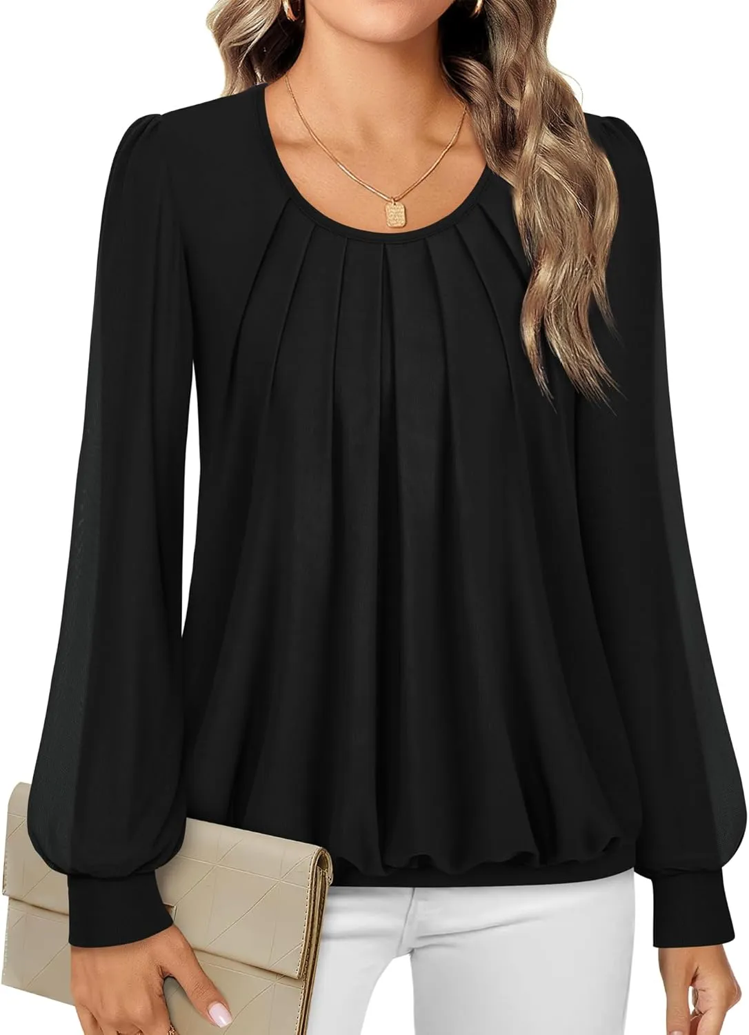 Timeson Women's Long Sleeve Scoop Neck Pleated Front Fitted Blouse Tops