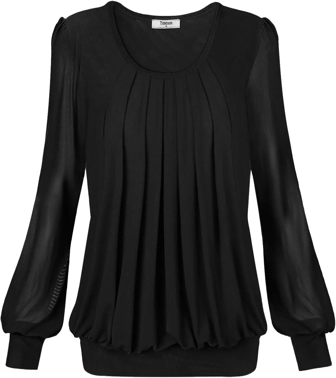 Timeson Women's Long Sleeve Scoop Neck Pleated Front Fitted Blouse Tops
