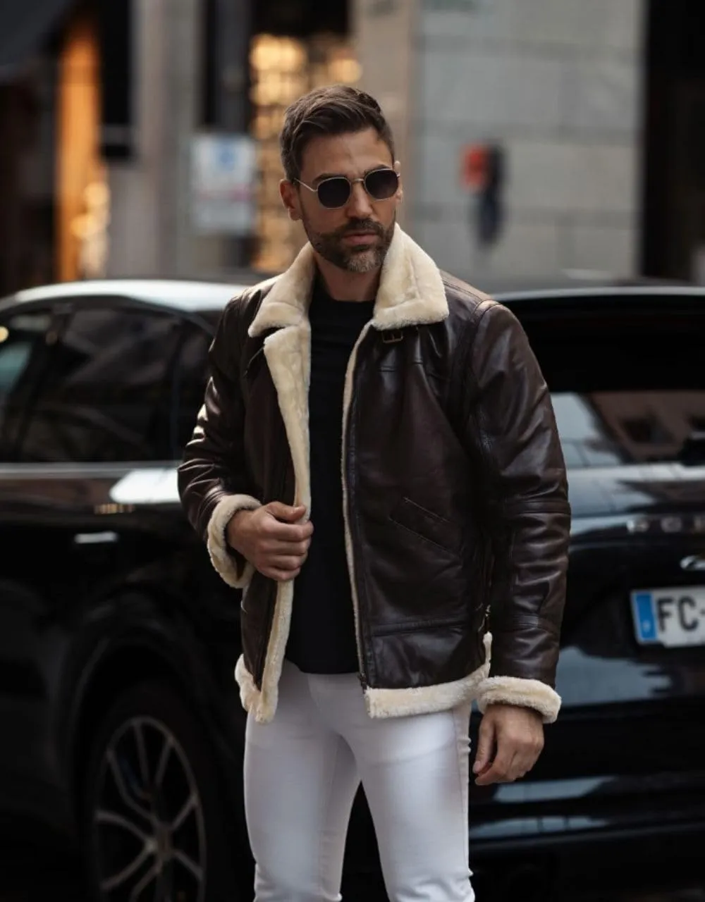 TLC Sheepskin Men's Shearling Aviator Jacket - Genuine Leather B3 Bomber Jacket with Fur - leather jacket with Fur Men