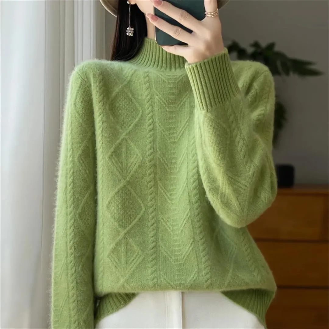 Women Merino Wool Pullover Sweaters Mock Neck Long Sleeve Knit Top Winter Warm Soft Jumper