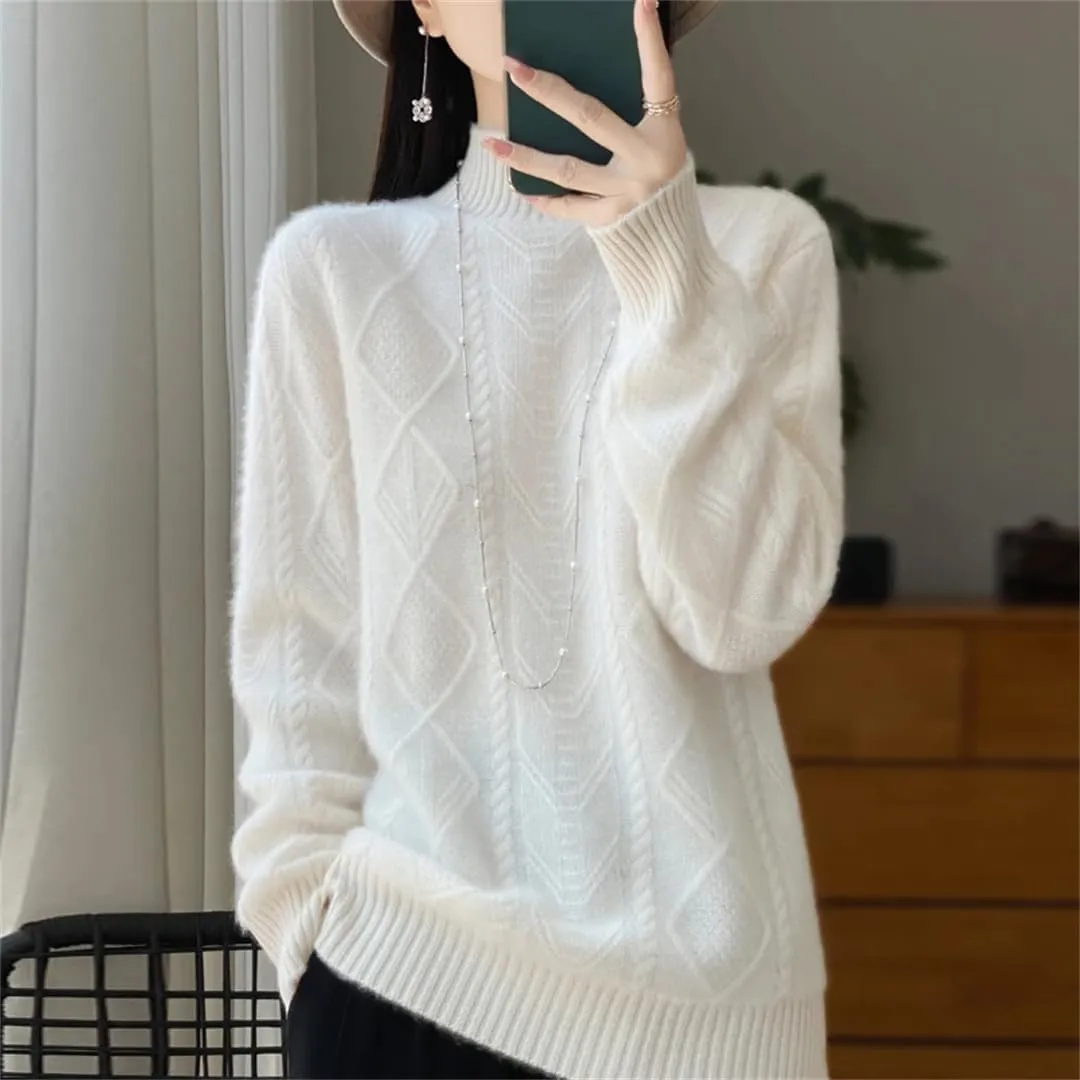 Women Merino Wool Pullover Sweaters Mock Neck Long Sleeve Knit Top Winter Warm Soft Jumper