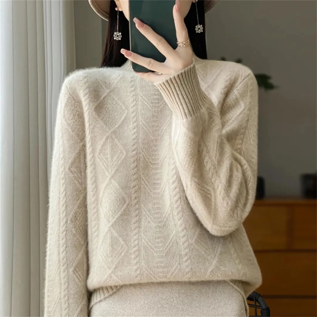 Women Merino Wool Pullover Sweaters Mock Neck Long Sleeve Knit Top Winter Warm Soft Jumper